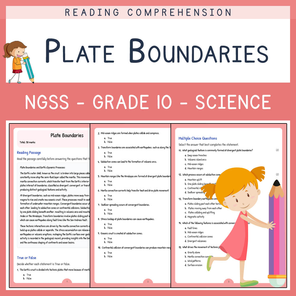 Grade 10 Science worksheet worksheet — Grade 10 Science | Plate Boundaries Worksheet & Answer Key (NGSS Aligned) — page 1