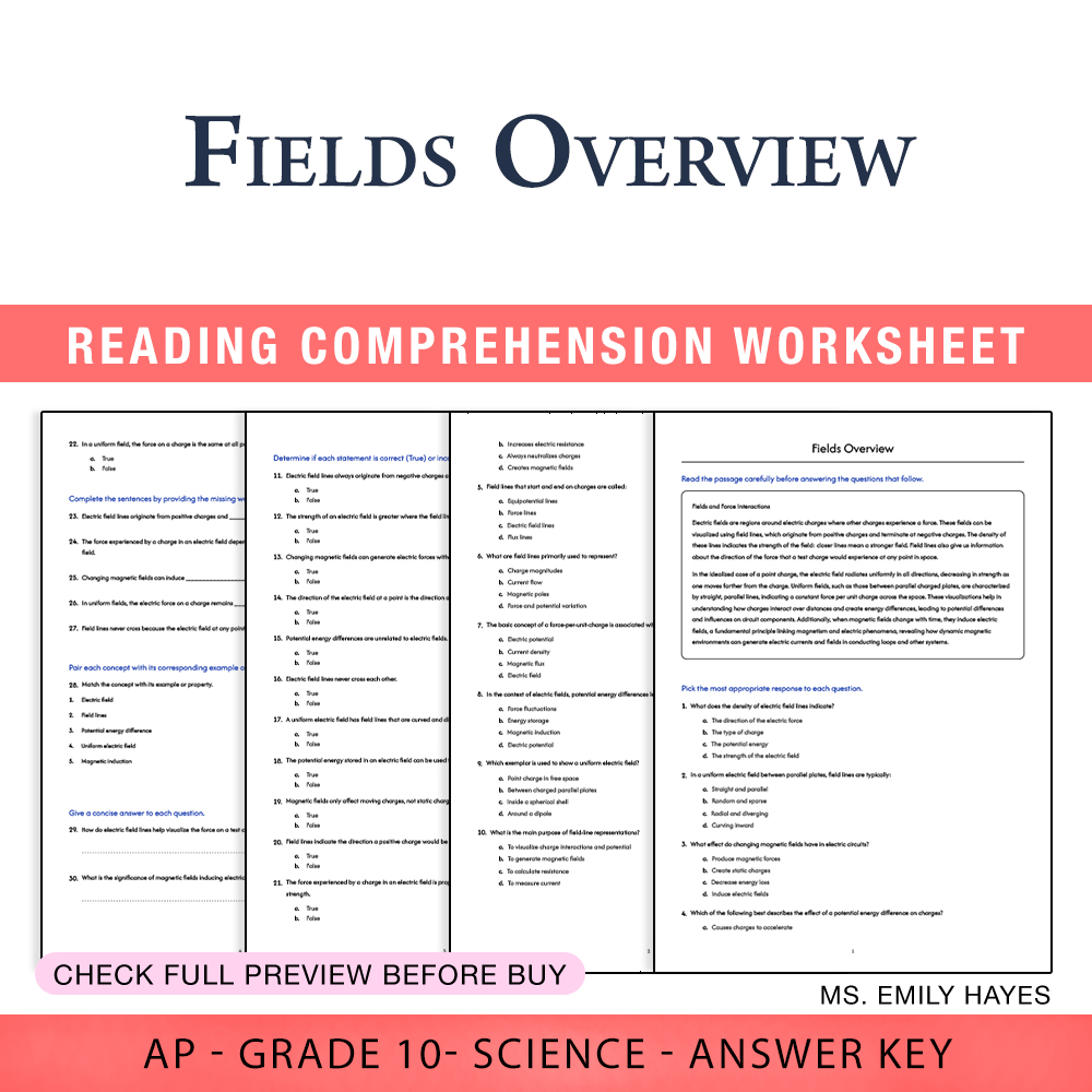 Grade 10 Science worksheet worksheet — Grade 10 Science | Fields Overview Worksheet (PDF+ Answer Key) — page 1