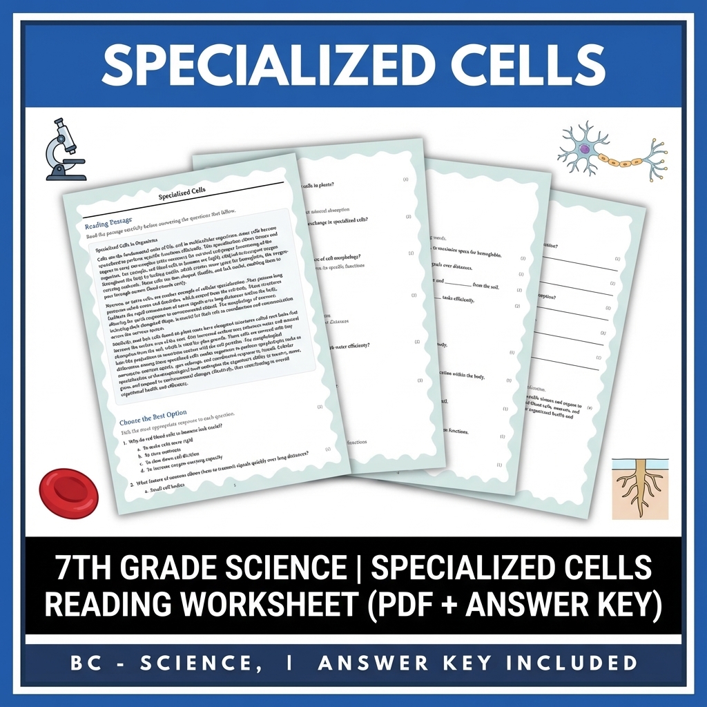 7th Grade Science | Specialized Cells Reading Worksheet (PDF + Answer Key)