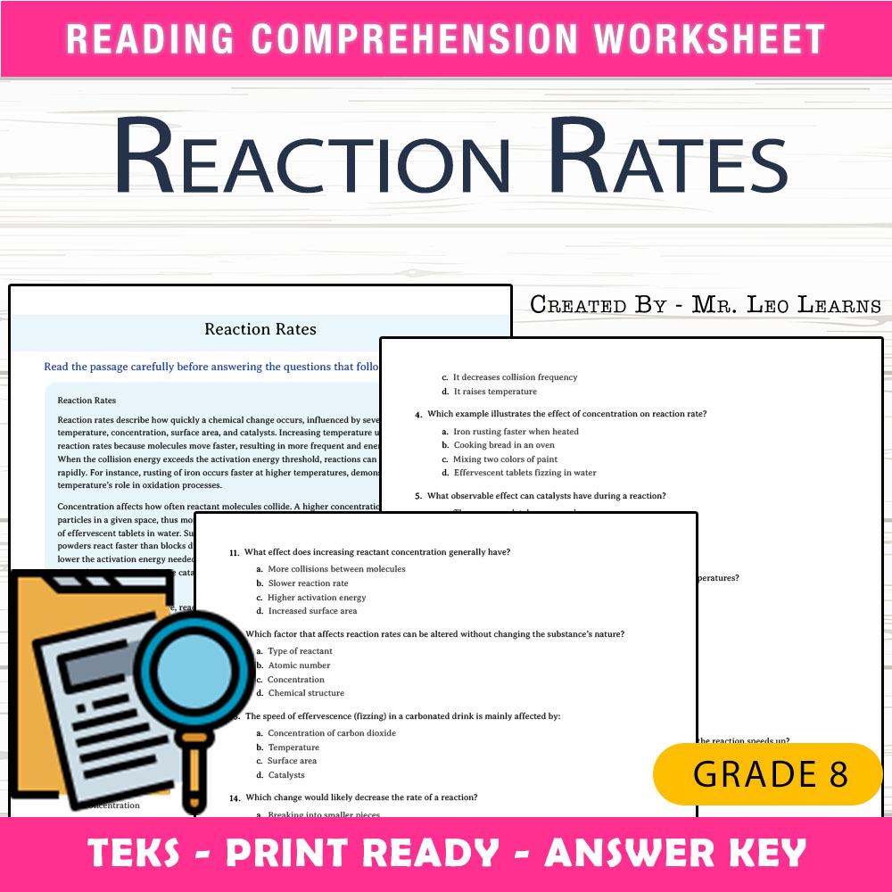 Grade 8 Science worksheet worksheet — Grade 8 Science — Reaction Rates Worksheet for Mastery | PDF + Answer Key — page 1