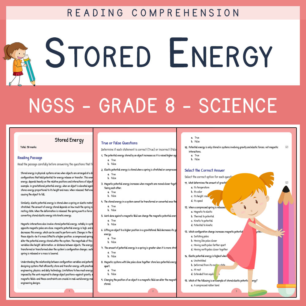Grade 8 Science worksheet worksheet — Grade 8 Science | Stored Energy Worksheet & Answer Key (NGSS Aligned) — page 1