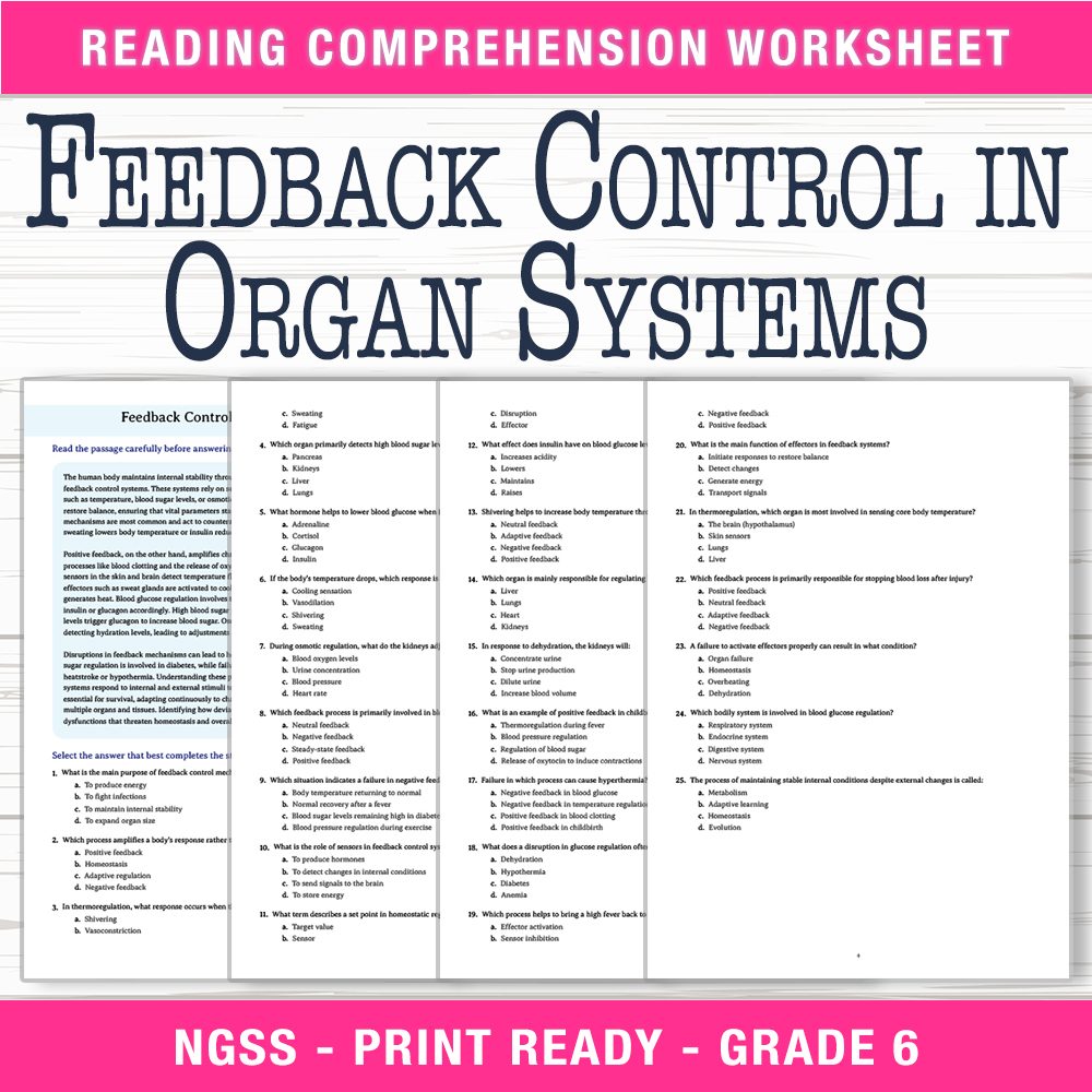 Grade 6 Science worksheet worksheet — 6th Grade Science | Feedback Control in Organ Systems Worksheet (PDF) — page 1