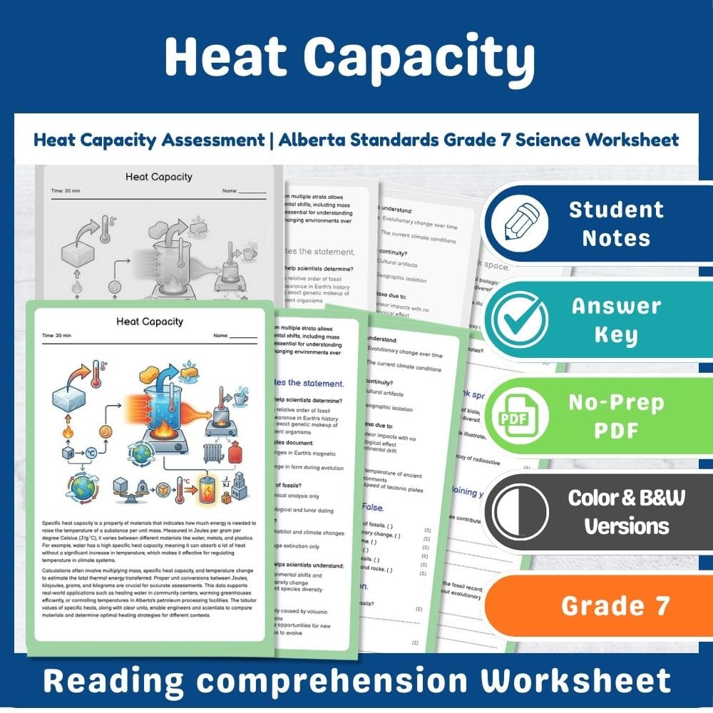 Grade 7 Science assessment worksheet — Heat Capacity Assessment | Alberta Standards Grade 7 Science Worksheet — page 1
