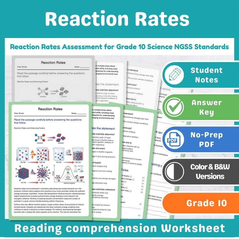 Grade 10 Science assessment worksheet — Reaction Rates Assessment for Grade 10 Science NGSS Standards