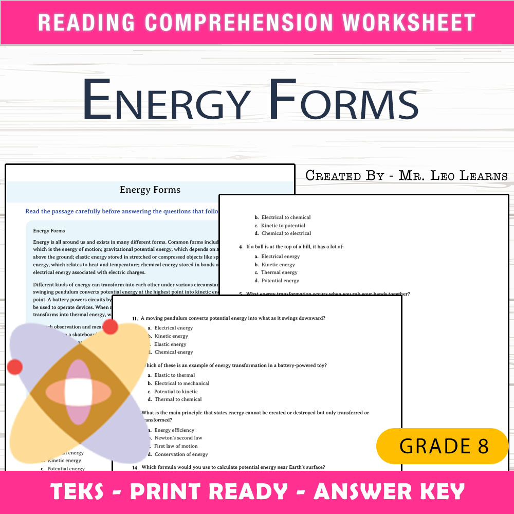 Grade 8 Science worksheet worksheet — Grade 8 Science – Energy Forms Worksheet for Mastering Energy Types — page 1