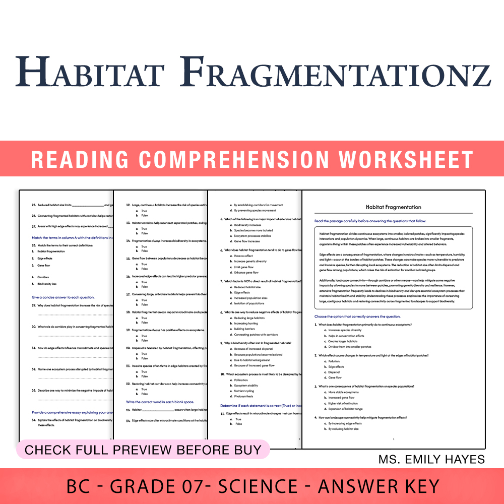 Grade 7 Science worksheet worksheet — 7th Grade Science | Habitat Fragmentation Worksheet (PDF+ Answer Key) — page 1
