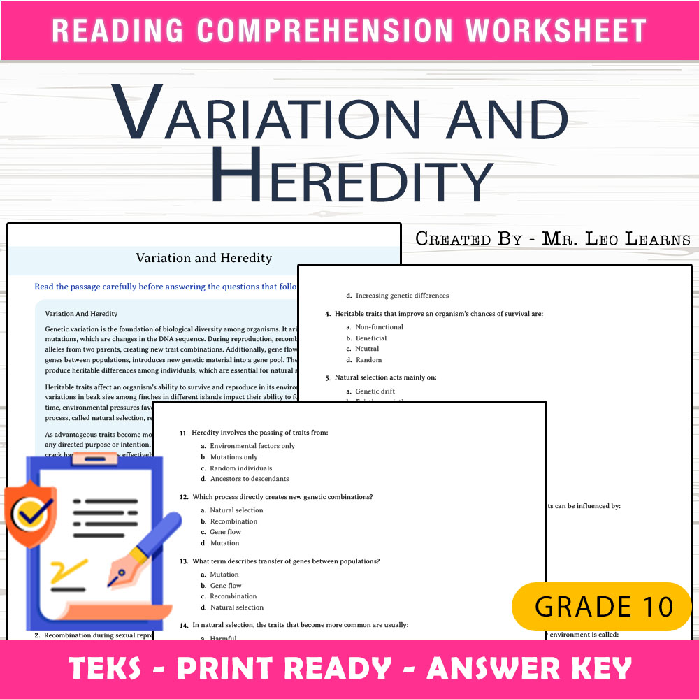 Grade 10 Science worksheet worksheet — Grade 10 Science | Variation and Heredity Worksheet for Mastery — page 1