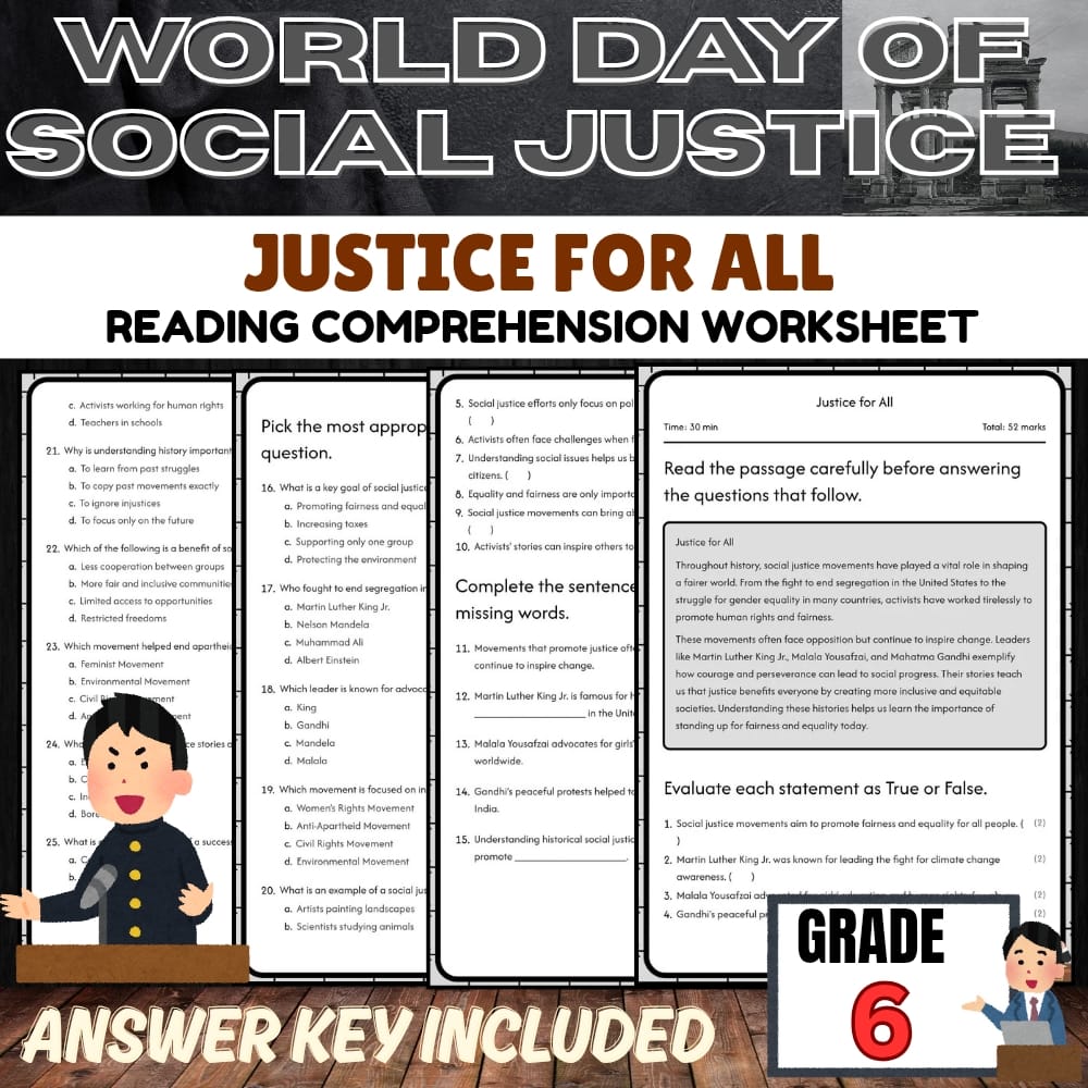 Grade 6 Holiday | Word Day of Social Justice | PDF + Answer Key
