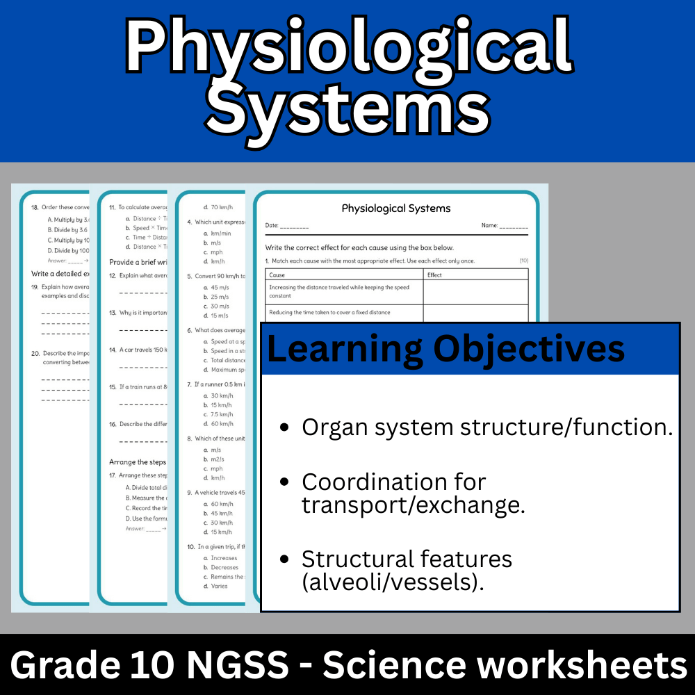 Grade 10 Science | Physiological Systems Worksheet (NGSS Aligned, PDF)