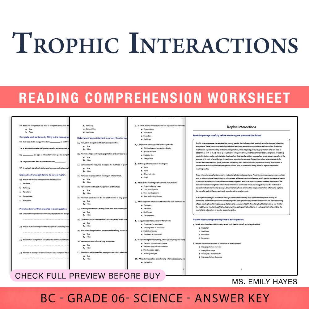 Grade 6 Science worksheet worksheet — 6th Grade Science | Trophic Interactions Worksheet (PDF+ Answer Key) — page 1