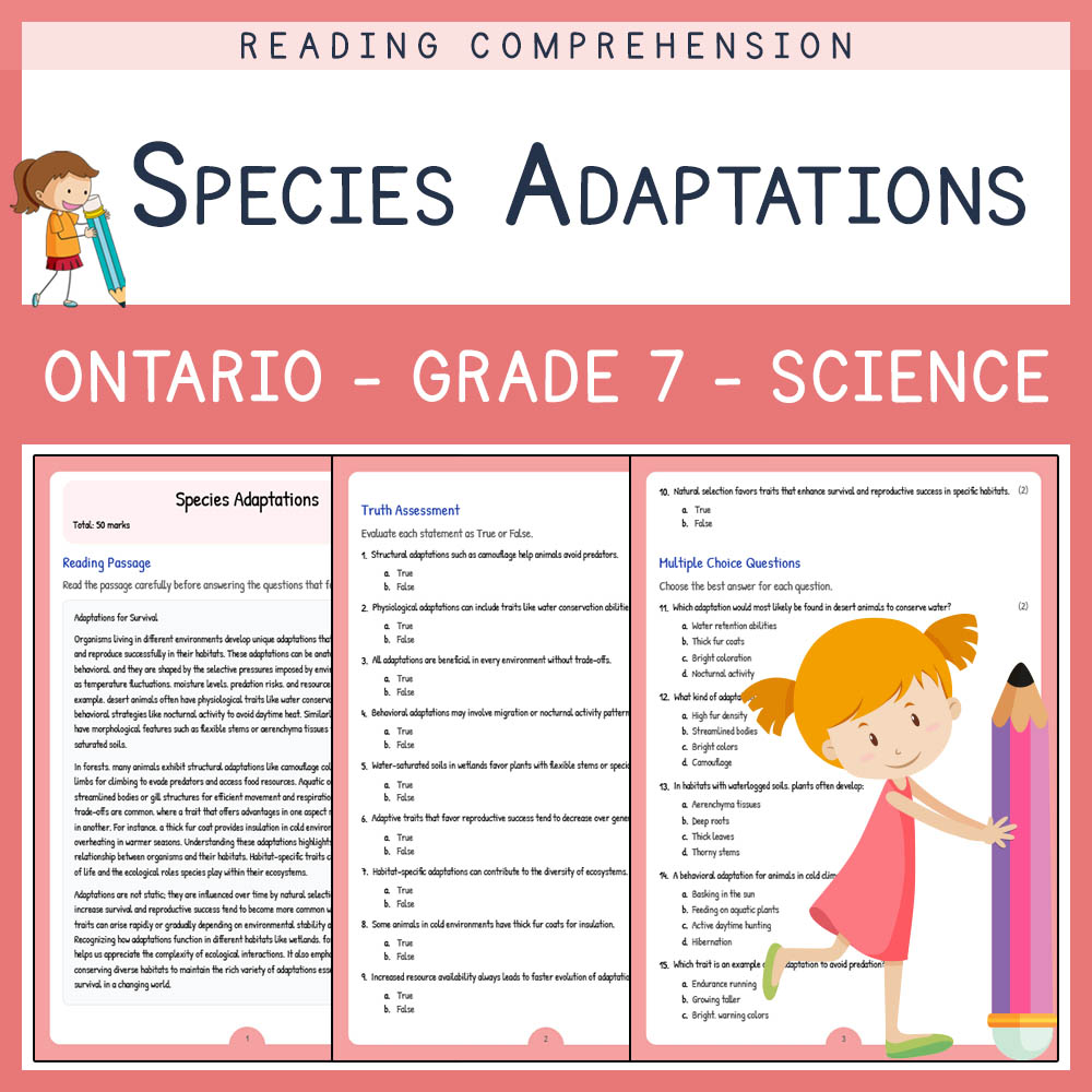 Grade 7 Science worksheet elena worksheet — Grade 7 Science | Species Adaptations Worksheet (Answer Key & Rubric) - Ontari…