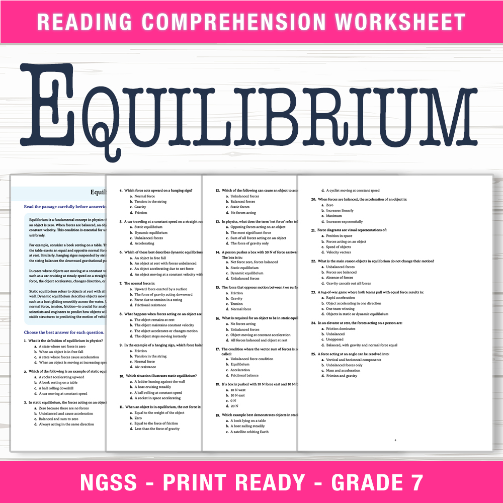 Grade 7 Science worksheet worksheet — Grade 7 Science – Equilibrium Worksheet (PDF + Answer Key) — page 1