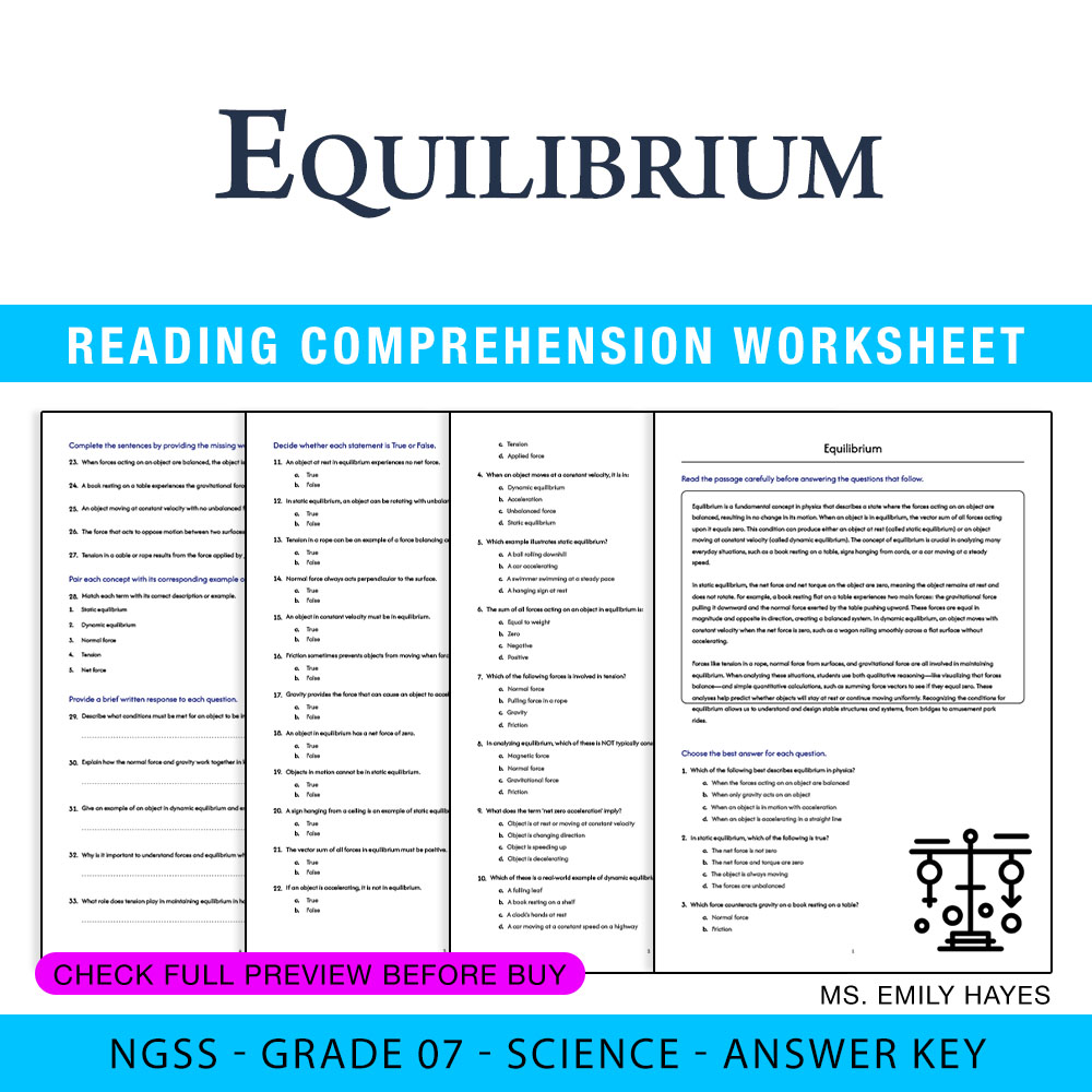 Grade 7 Science worksheet worksheet — 7th Grade Science | Equilibrium Worksheet (PDF+ Answer Key) — page 1