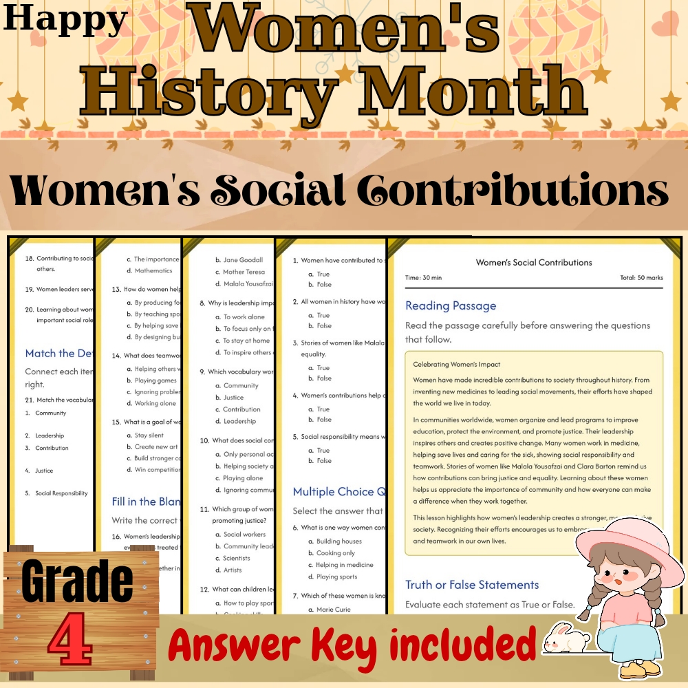 Grade 4 Seasonal| Women’s Contributions Worksheet for Mastery | PDF + Answer Key