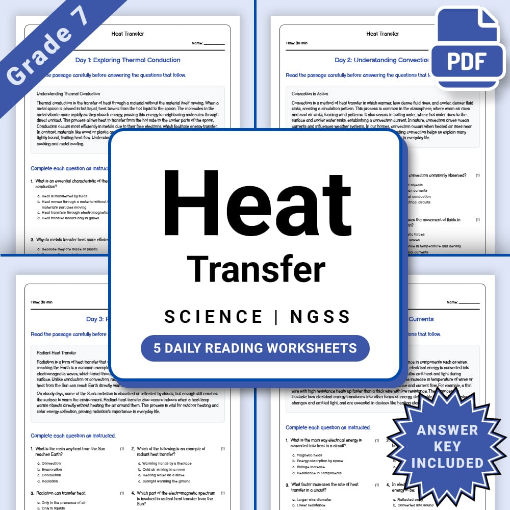 Grade 7 Science daily reading worksheet worksheet — Grade 7 Science – Heat Transfer Daily Reading Worksheet(PDF + Answer K…