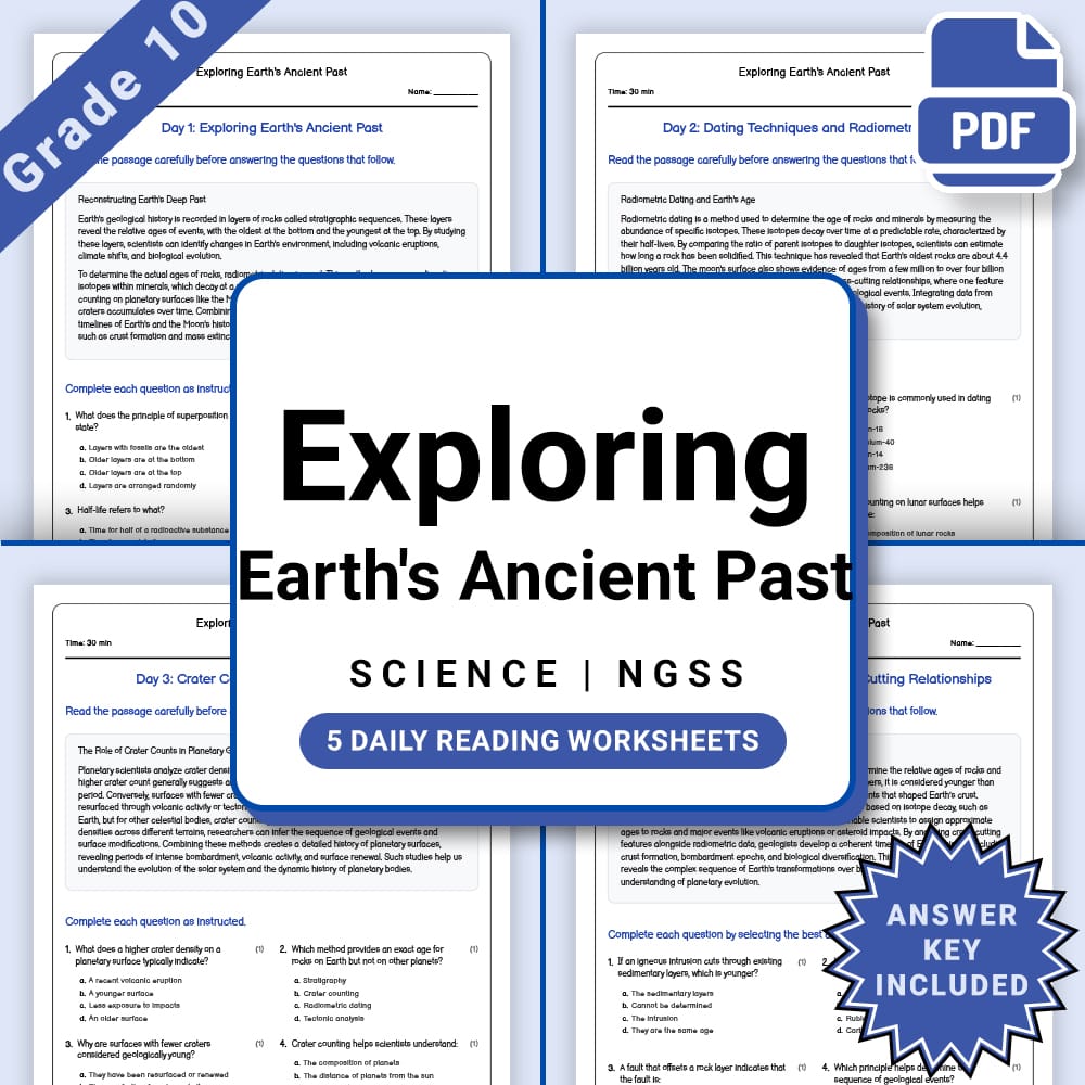 Grade 10 Science daily reading worksheet worksheet — Grade 10 Science – Exploring Earth's Ancient Past Worksheet (PDF +Ans…