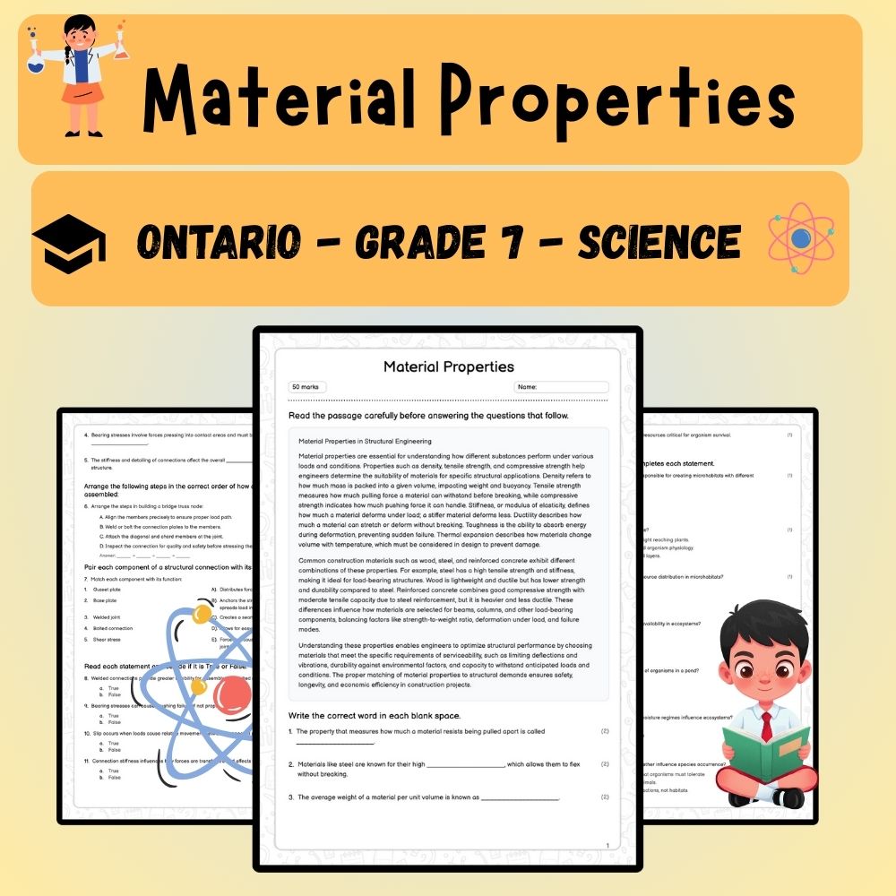 Grade 7 Science worksheet worksheet — Grade 7 Science – Understanding Material Properties Worksheet (PDF ) — page 1