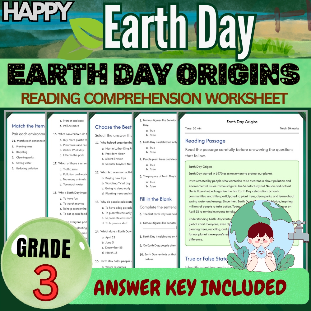 Grade 3 Seasonal Earth Day Worksheets Bundle | Conservation & Recycling Mastery — included worksheet 1
