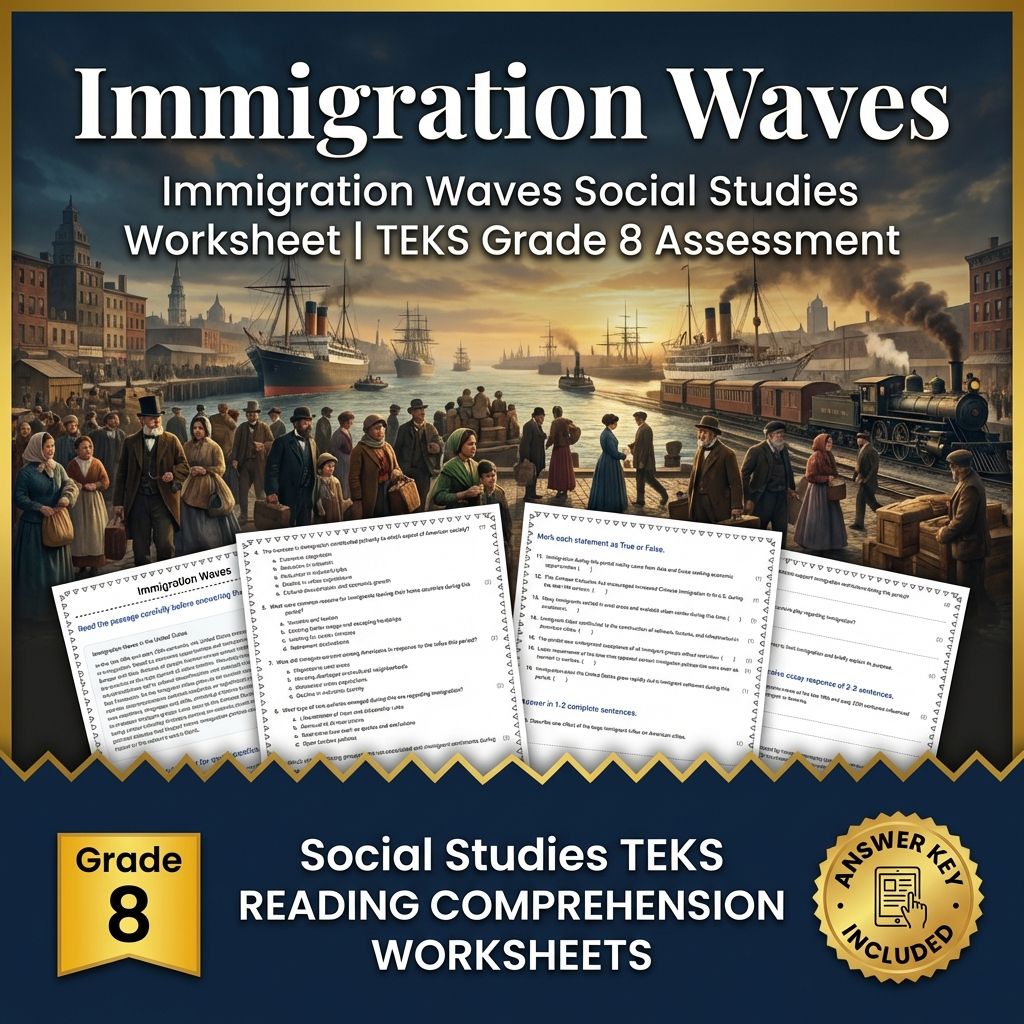 Immigration Waves Social Studies Worksheet | TEKS Grade 8 Assessment