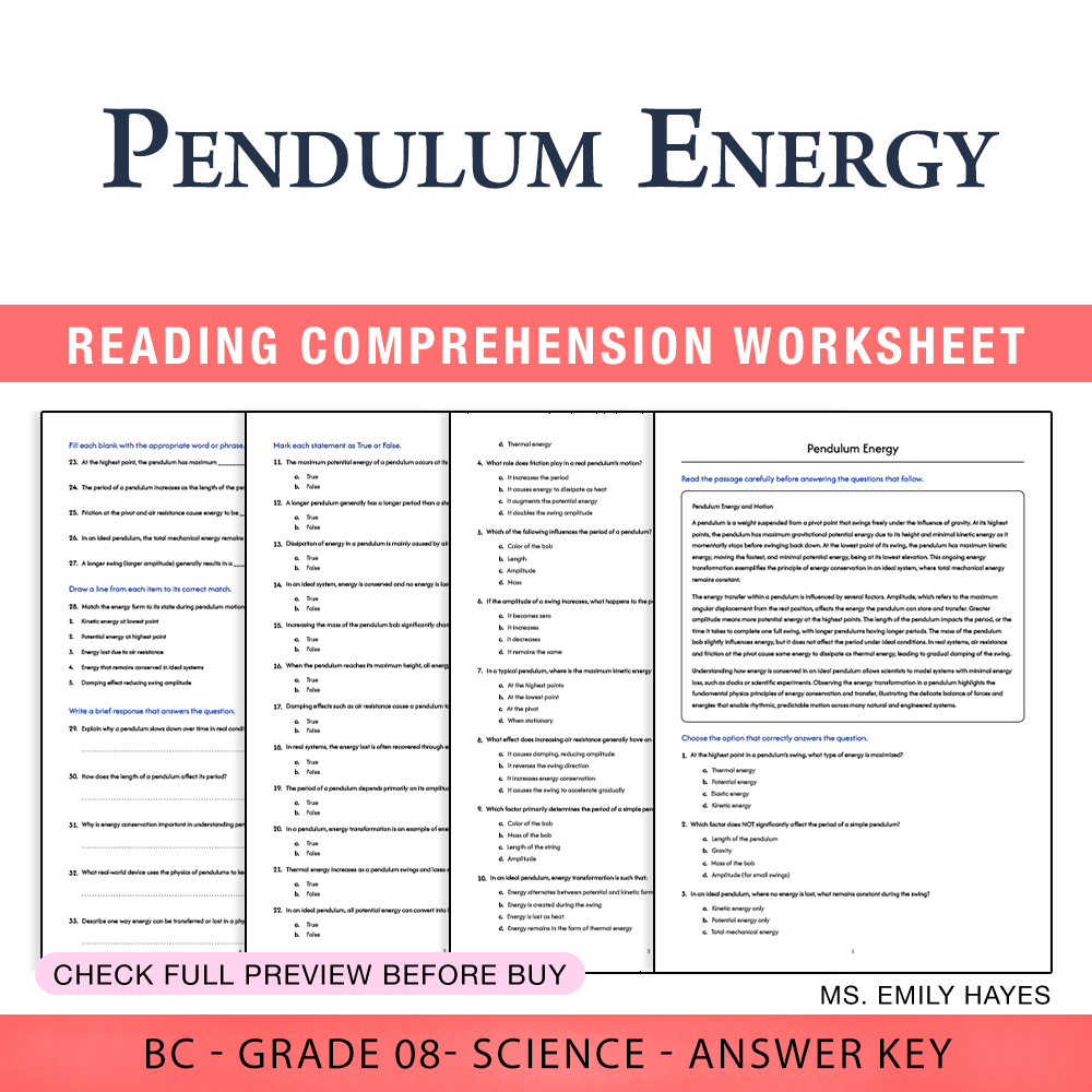 Grade 8 Science worksheet worksheet — Grade 8 Science | Pendulum Energy Worksheet (PDF+ Answer Key) — page 1