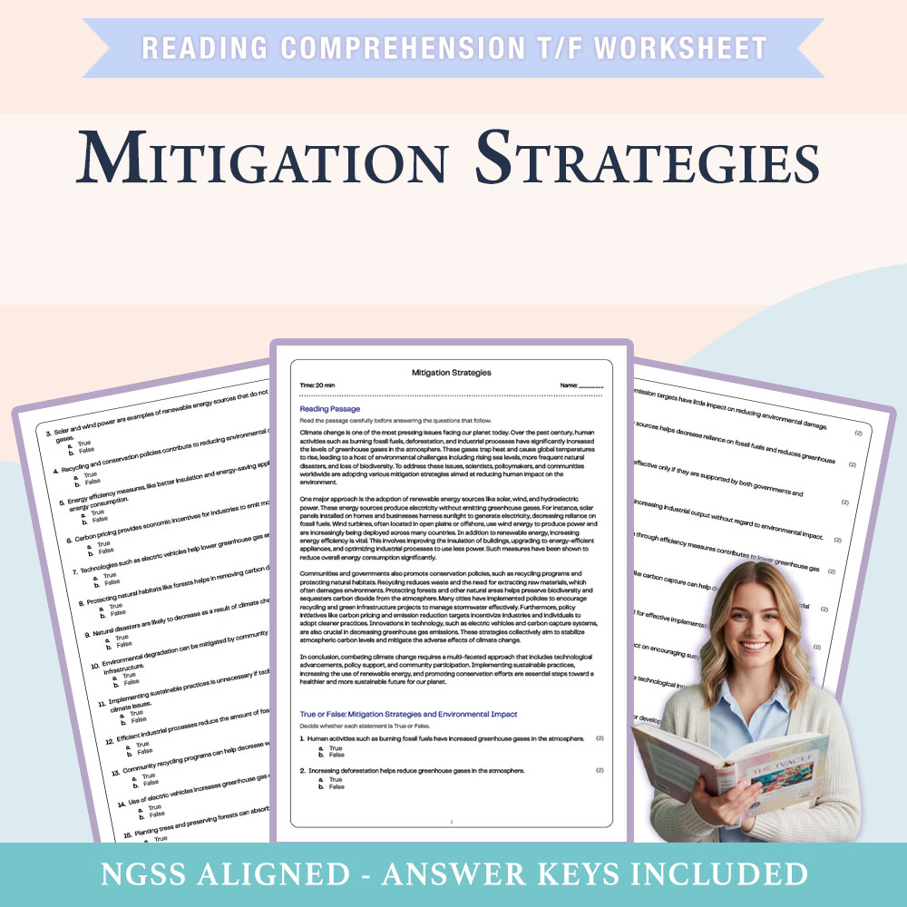 Science reading comprehensions true or false worksheet worksheet — 6th Grade Science|Mitigation Strategies True or False W…