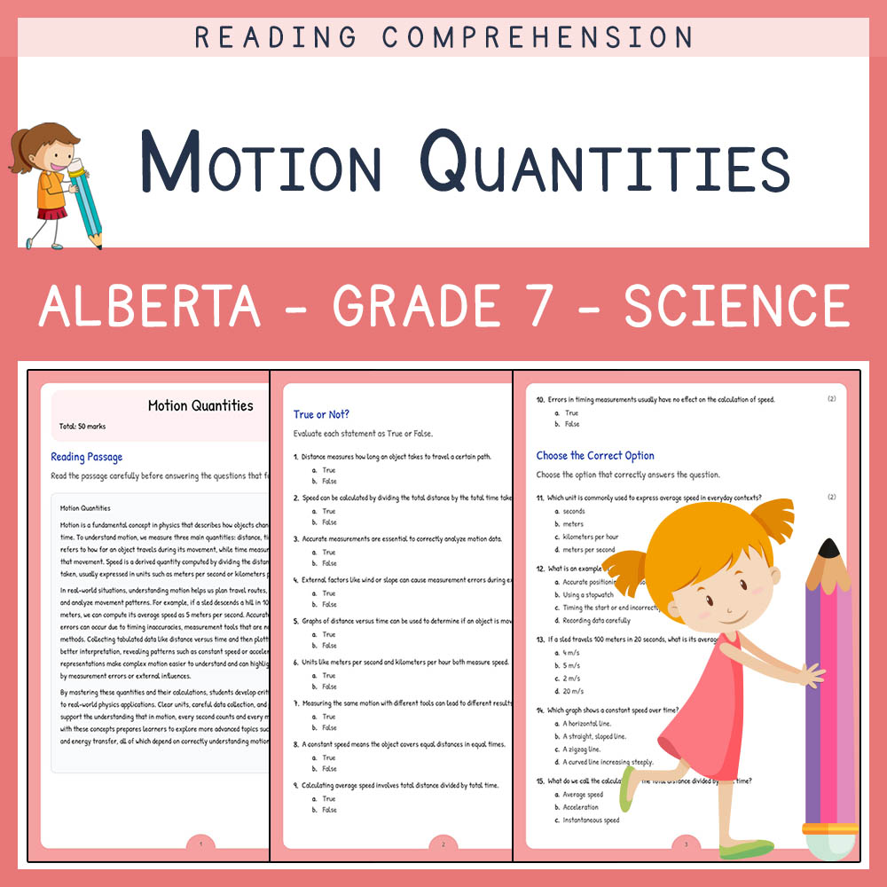 Grade 7 Science worksheet elena worksheet — Grade 7 Science Assessment | Motion Quantities Worksheet | Alberta — page 1