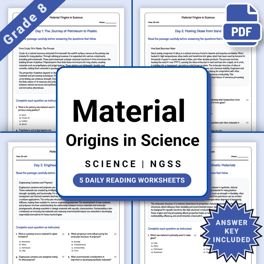 Grade 8 Science daily reading worksheet worksheet — Grade 8 Science – Material Origins Daily Reading Worksheet(PDF + Answe…
