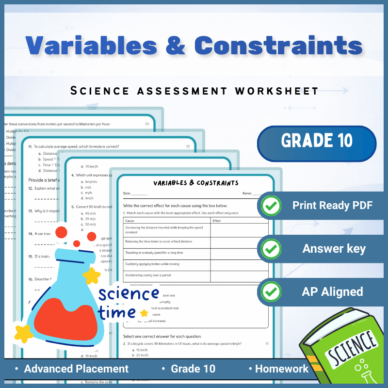 Grade 10 Science | Variables & Constraints Worksheet (AP Standards) PDF