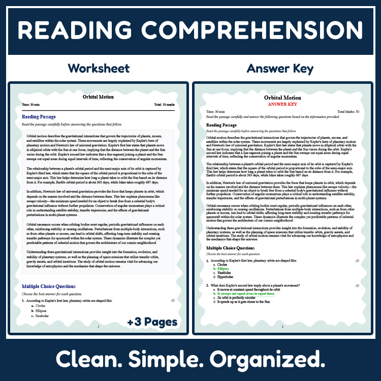 Grade 9 Science reading worksheets worksheet — 9th Grade Science | Orbitals & Gravitational Motion Reading Worksheets (PDF…