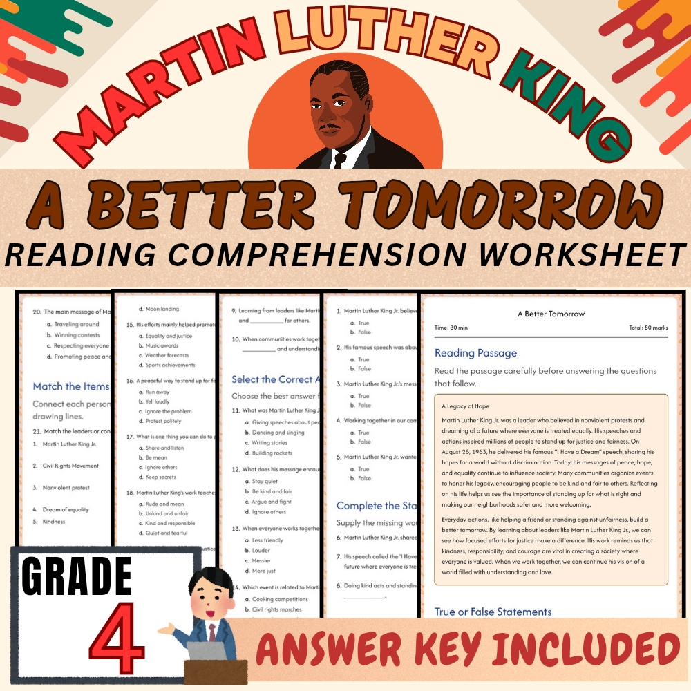 Grade 4 | Martin Luther King Worksheets for Holiday Awareness | PDF + Answer Key