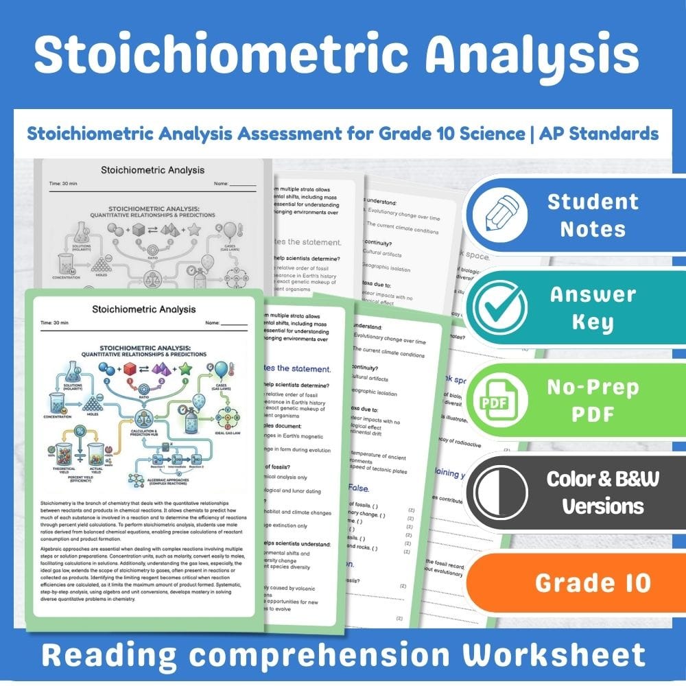 Grade 10 Science assessment worksheet — Stoichiometric Analysis Assessment for Grade 10 Science | AP Standards — page 1