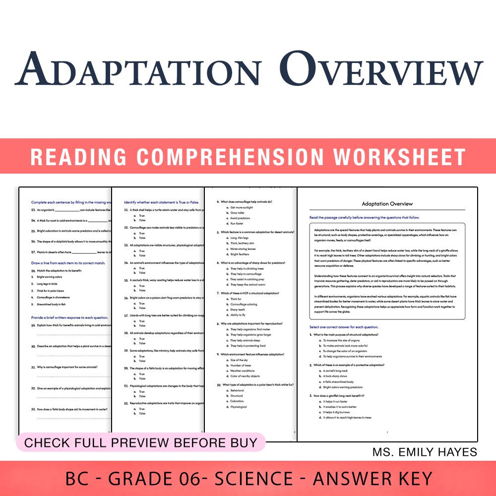 Grade 6 Science worksheet worksheet — 6th Grade Science | Adaptation Overview Worksheet (PDF+ Answer Key) — page 1