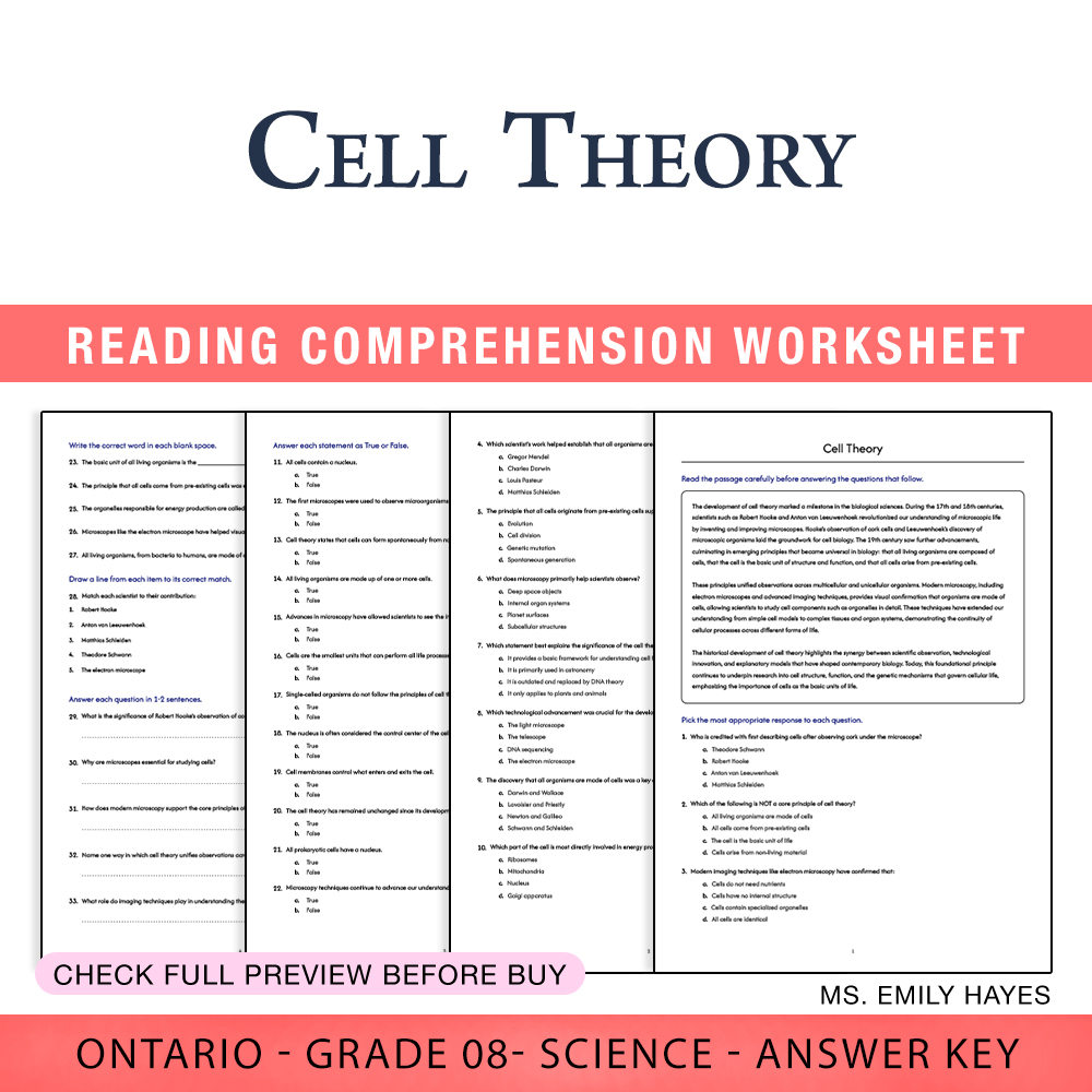 Grade 8 Science worksheet worksheet — 8th Grade Science | Cell Theory Worksheet (PDF+ Answer Key) — page 1