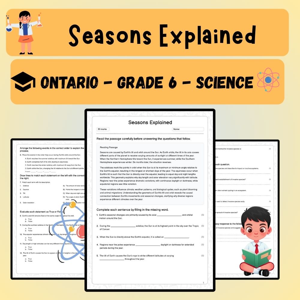 Grade 6 Science worksheet worksheet — 6th Grade Science – Seasons Explained Worksheet (PDF ) — page 1