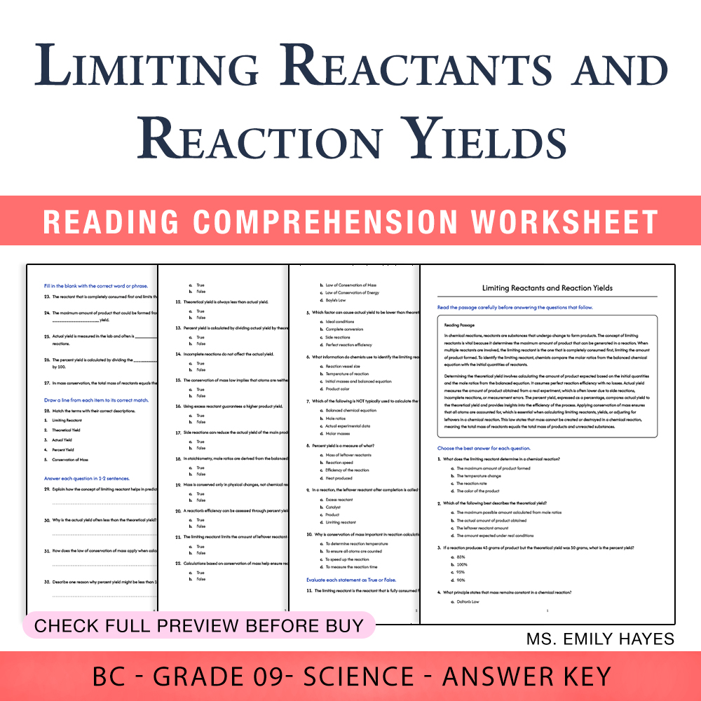 Grade 9 Science worksheet worksheet — Grade 9 Science | Limiting Reactants & Reaction Yields Worksheet (PDF + Answers) — p…