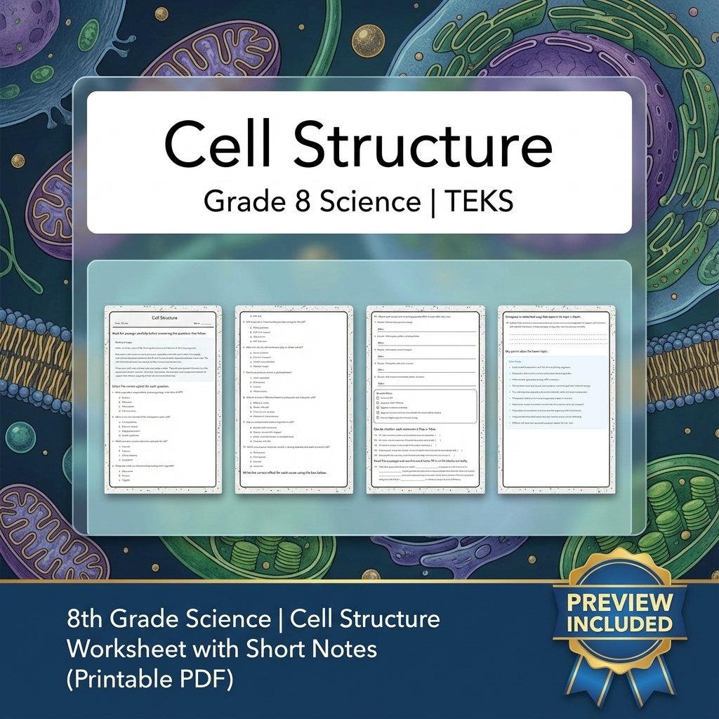 8th Grade Science | Cell Structure Worksheet with Short Notes (Printable PDF)