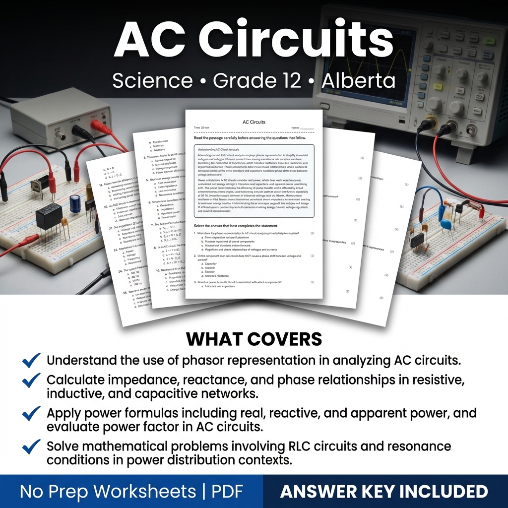 Grade 12 Science Worksheet on AC Circuits | Alberta Standards Practice