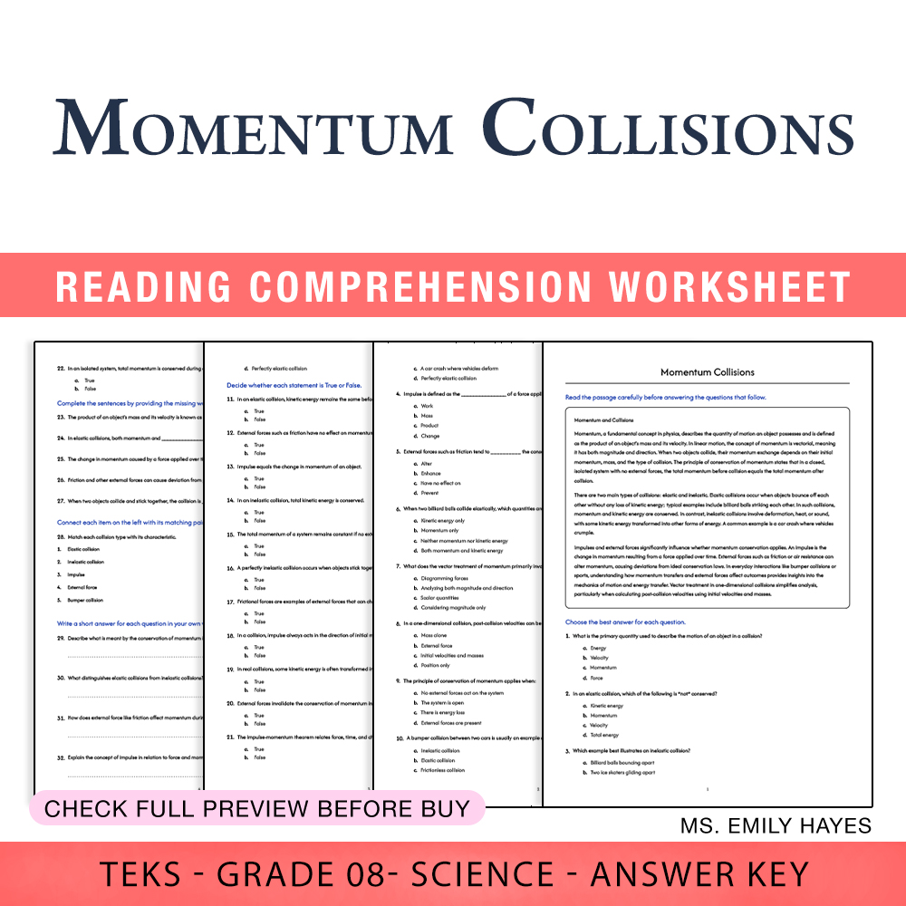 Grade 8 Science worksheet worksheet — 8th Grade Science | Momentum Collisions Worksheet (PDF+ Answer Key) — page 1