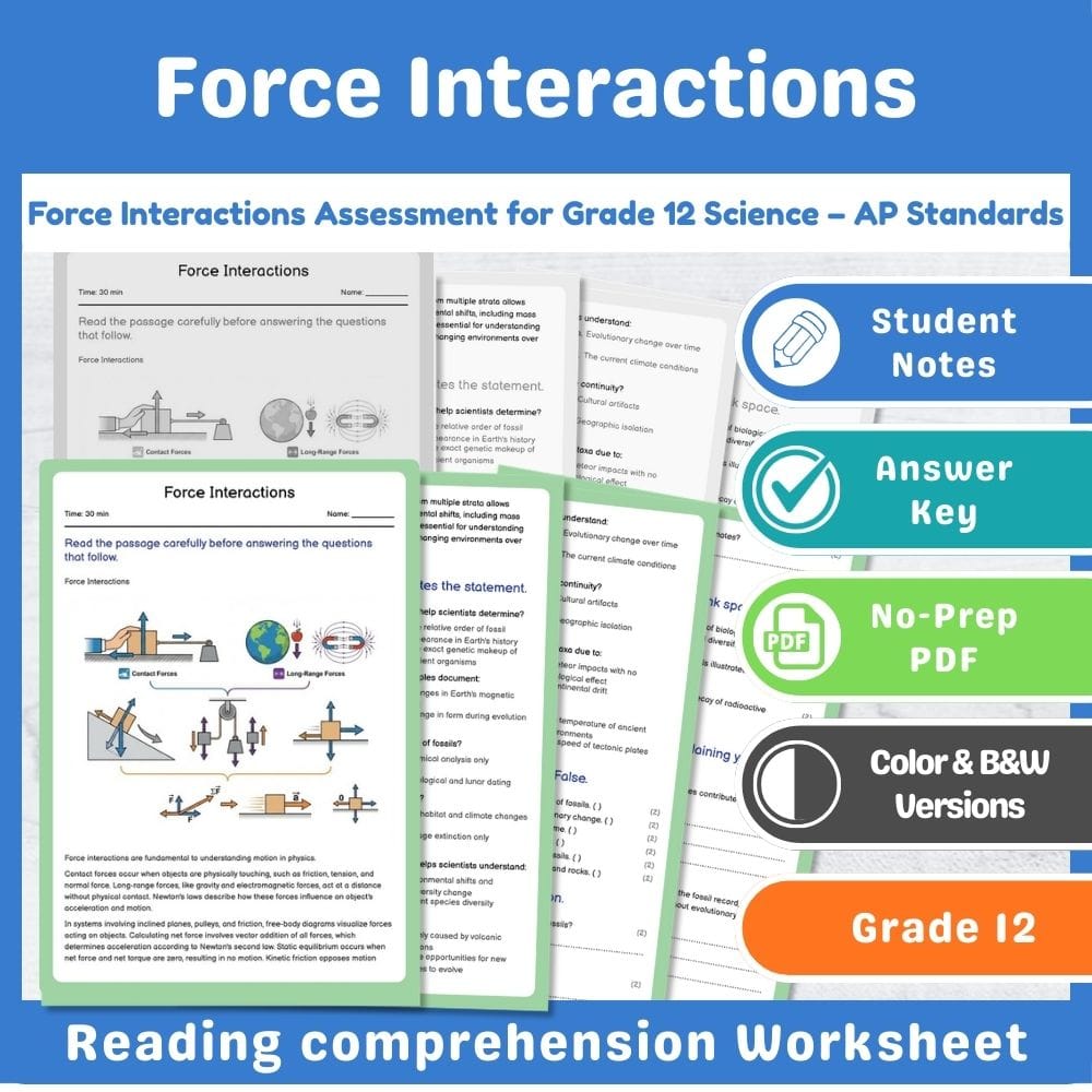 Grade 12 Science assessment worksheet — Force Interactions Assessment for Grade 12 Science – AP Standards — page 1