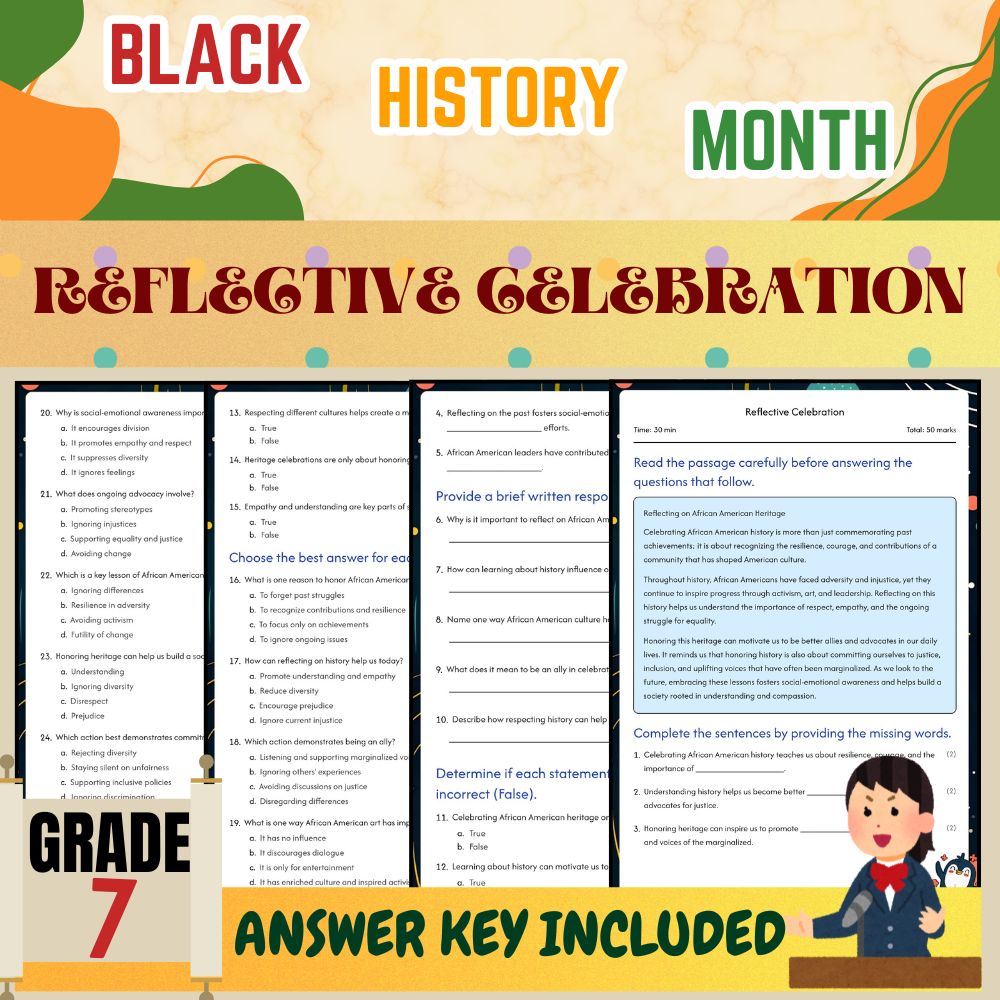 Grade 7 Seasonal Black Friday | Reflective Celebration Worksheet & Answer Key
