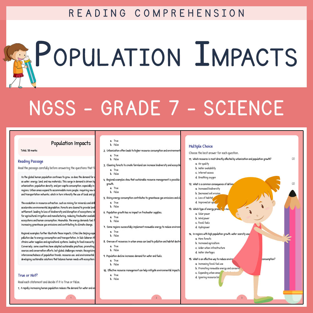 Grade 7 Science worksheet worksheet — Grade 7 Science | Population Impacts Worksheet & Answer Key (NGSS Aligned) — page 1