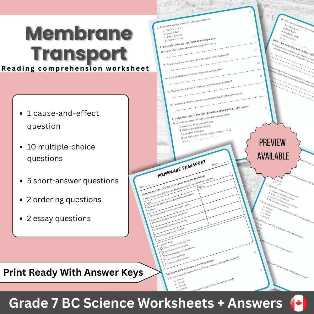 Grade 7 Science | Membrane Transport Worksheet (Answer Key) – BC Standards