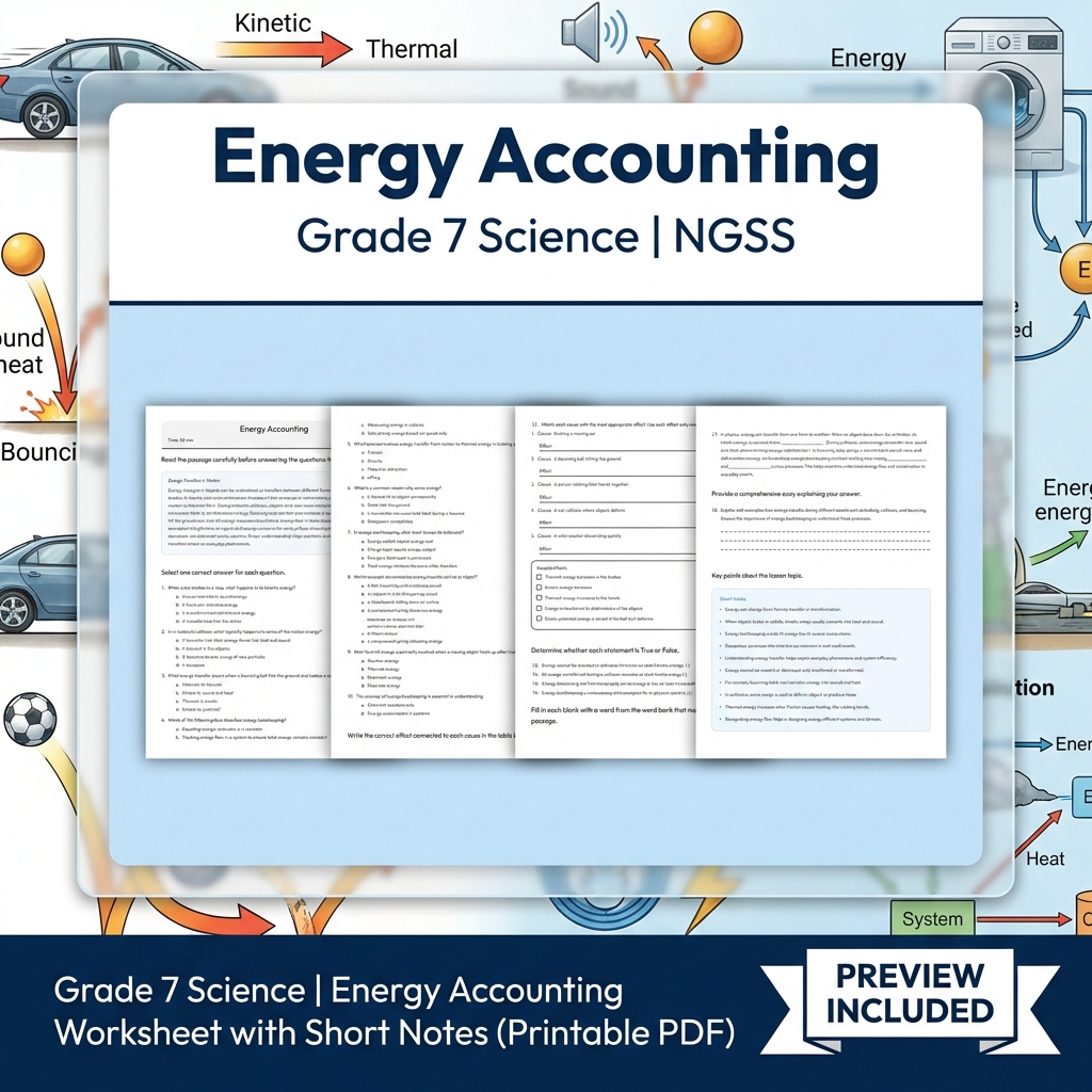 Grade 7 Science Energy  Bundle  Potential, Kinetic & Heat Transfer Worksheets  — included worksheet 1