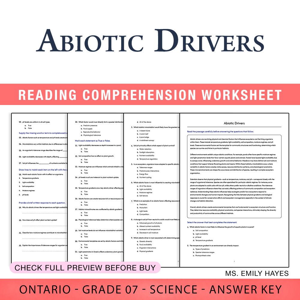 Grade 7 Science worksheet worksheet — Grade 7 Science | Abiotic Drivers Worksheet (PDF+ Answer Key) — page 1