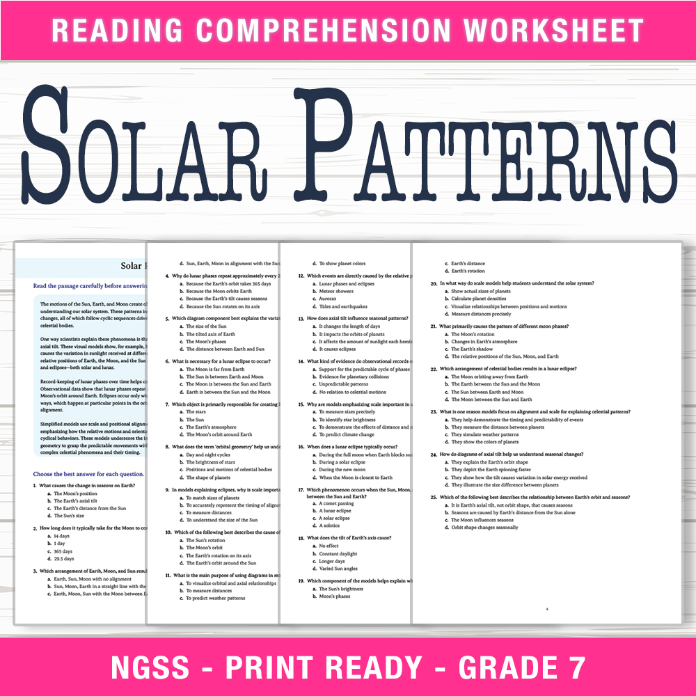 Grade 7 Science worksheet worksheet — Grade 7 Science | Solar Patterns Worksheet (PDF + Answer Key) — page 1