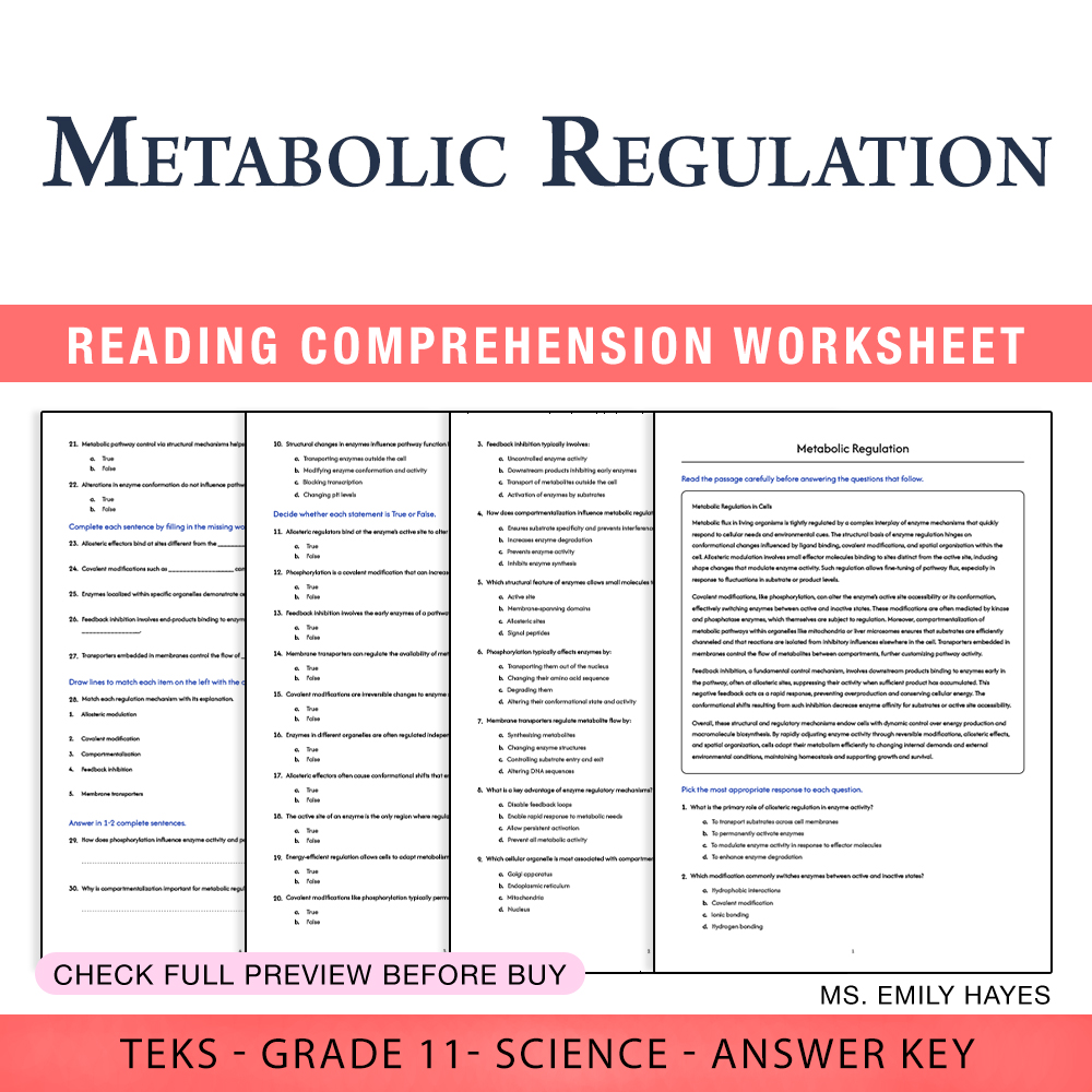 Grade 11 Science worksheet worksheet — 11th Grade Science | Metabolic Regulation Worksheet (PDF+ Answer Key) — page 1