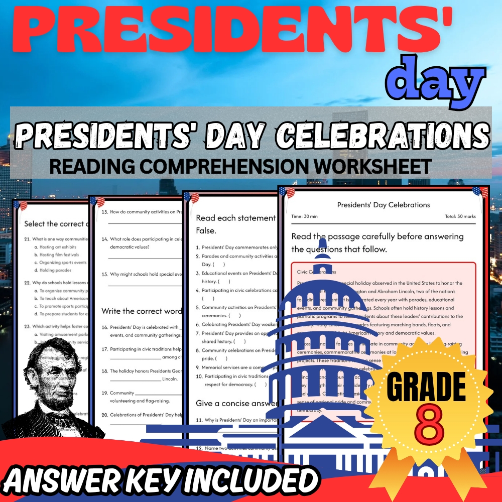 Grade 8 Presidents' Day Bundle|Leadership & Legacy Worksheets (PDF + Answer Key) — included worksheet 2