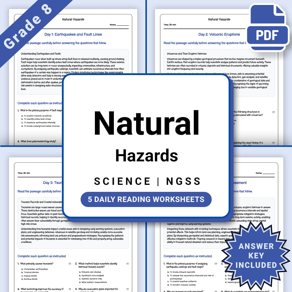 Grade 8 Science daily reading worksheet worksheet — Grade 8 Science – Natural Hazards Daily Reading Worksheet(PDF + Answer…
