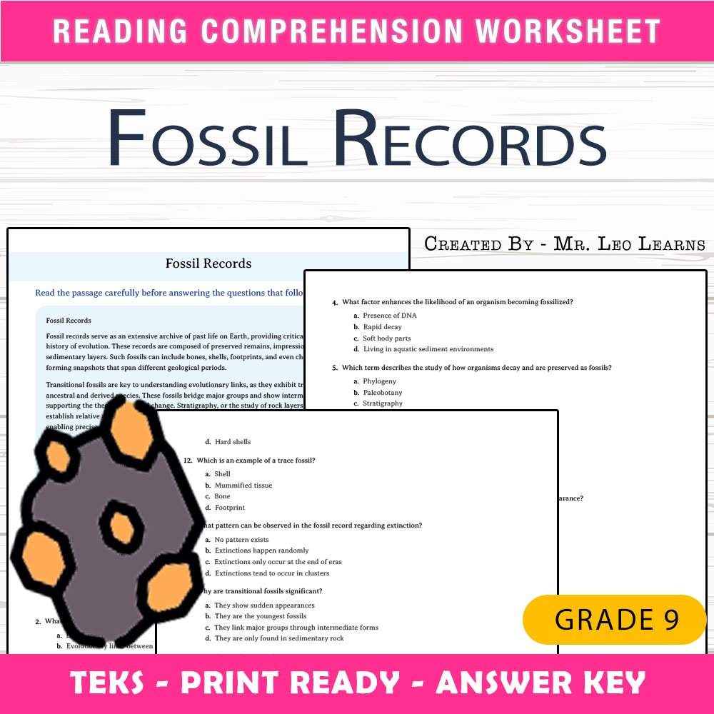 Grade 9 Science worksheet worksheet — Grade 9 Science – Fossil Records Worksheet for Mastering Paleontology — page 1