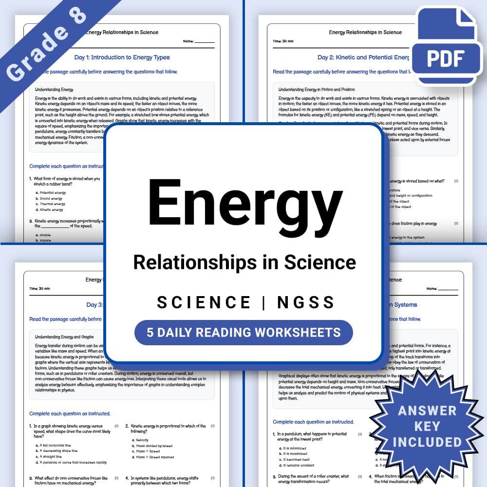 Grade 8 Science daily reading worksheet worksheet — Grade 8 Science – Energy Relationships Worksheet(PDF + Answer Key) — p…